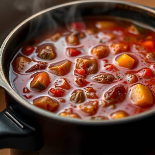 A close-up of a simmering potjie pot, showcasing the rich colors of the stew.