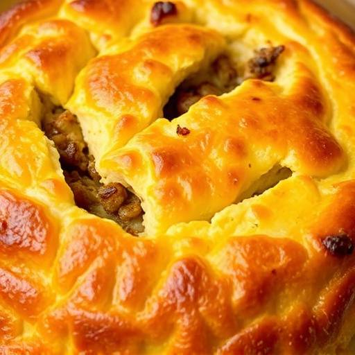 A close-up shot of a freshly baked Bobotie, showcasing its golden-brown crust and savoury filling.