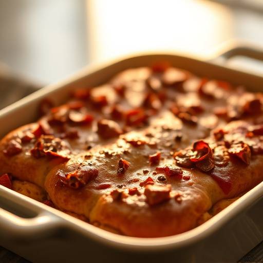 A delicious serving of bobotie, a classic South African dish, presented in a baking dish