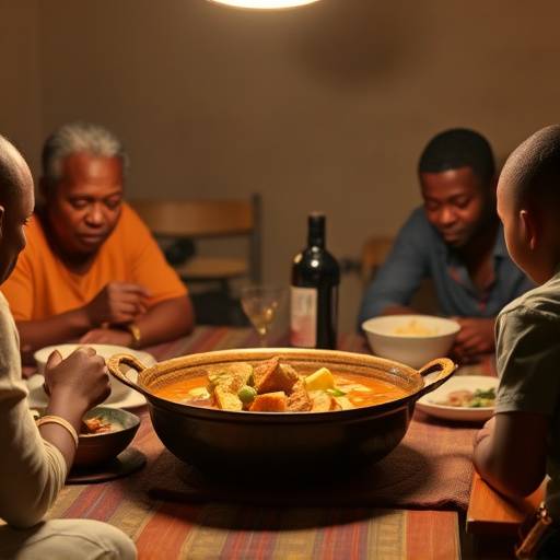 A family gathered around a table, sharing a meal of umngqusho and stew.