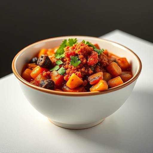 A vibrant bowl of chakalaka, a spicy vegetable relish, featuring beans, onions, and peppers