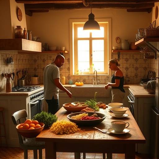 A warm and inviting South African home kitchen scene, featuring a family preparing a meal together.