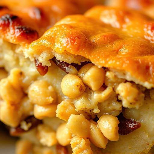 Close-up of a bobotie dish, showing the golden-brown topping and flavorful filling.