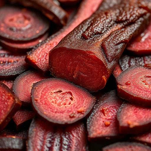 Close-up of sliced biltong hanging to dry