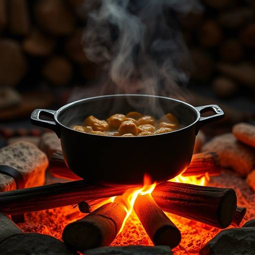 Potjiekos simmering over an open fire
